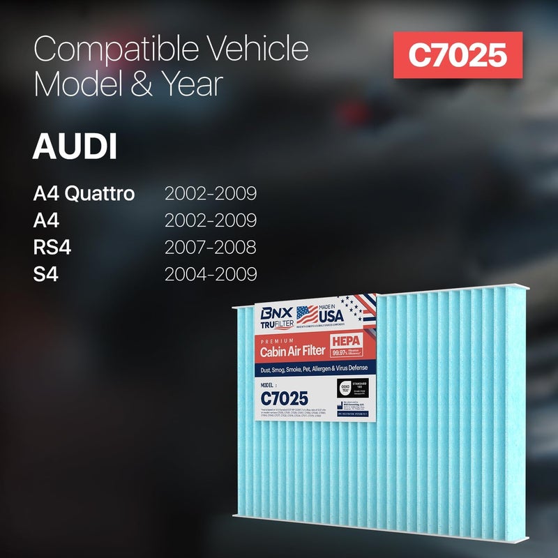 BNX TruFilter C7025 Cabin Air Filter, HEPA 99.97%, MADE IN USA, Compatible With Audi: A4, A4 Quattro, RS4, S4 - Image 2